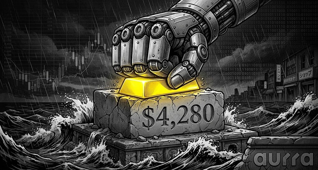 A noir-style illustration shows a large fist pressing down on a gold bar sitting on a cracked concrete block labeled $4,280 amid crashing waves