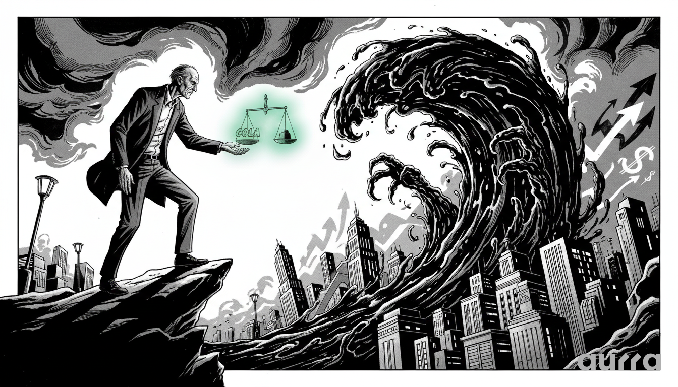 Illustration of an older man holding a glowing green COLA scale on a cliff as a massive dark oil wave crashes into the city buildings below.