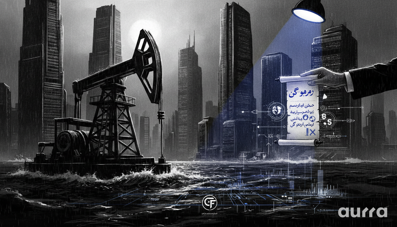 noir-style illustration shows an oil pumpjack in dark water against a city skyline. A hand holds a document under a spotlight.