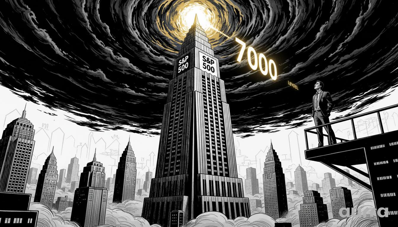 Noir-style illustration of a businessman standing on a ledge looking up at a massive skyscraper labeled "S&P 500" with a glowing "7000 LEVEL" sign at the summit, representing the market's next psychological target.