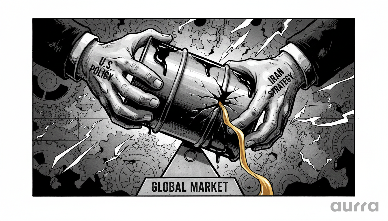 Noir-style illustration of two giant hands labeled "U.S. POLICY" and "IRAN STRATEGY" crushing a leaking oil barrel, symbolizing the intense geopolitical pressure squeezing the global energy market.