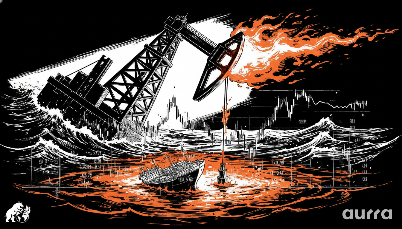A digital display of a crashing Dow Jones ticker against a dark, tactical map of the Gulf of Oman, symbolizing the iranian war impact on global market stability.