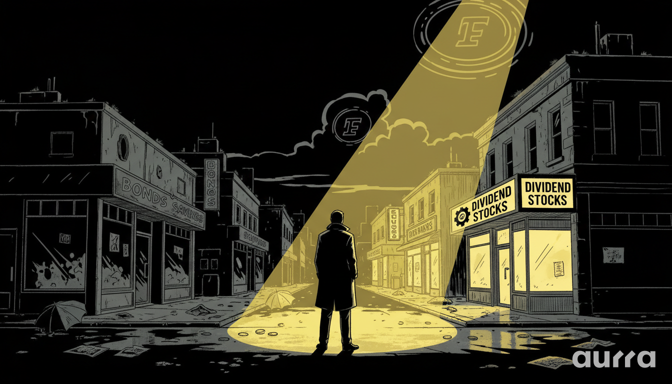 Noir illustration of a spotlight shining on a store labeled "Dividend Stocks" under a sky with Fed symbols, symbolizing the market shift to yield.