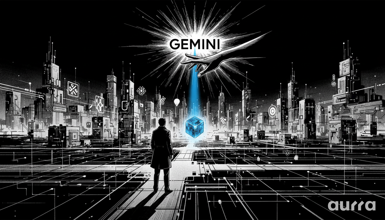 Noir-style illustration of a futuristic digital city with a glowing blue cube in the center, illuminated by a celestial burst of light labeled "GEMINI," representing the arrival of next-gen AI in the retail ecosystem.