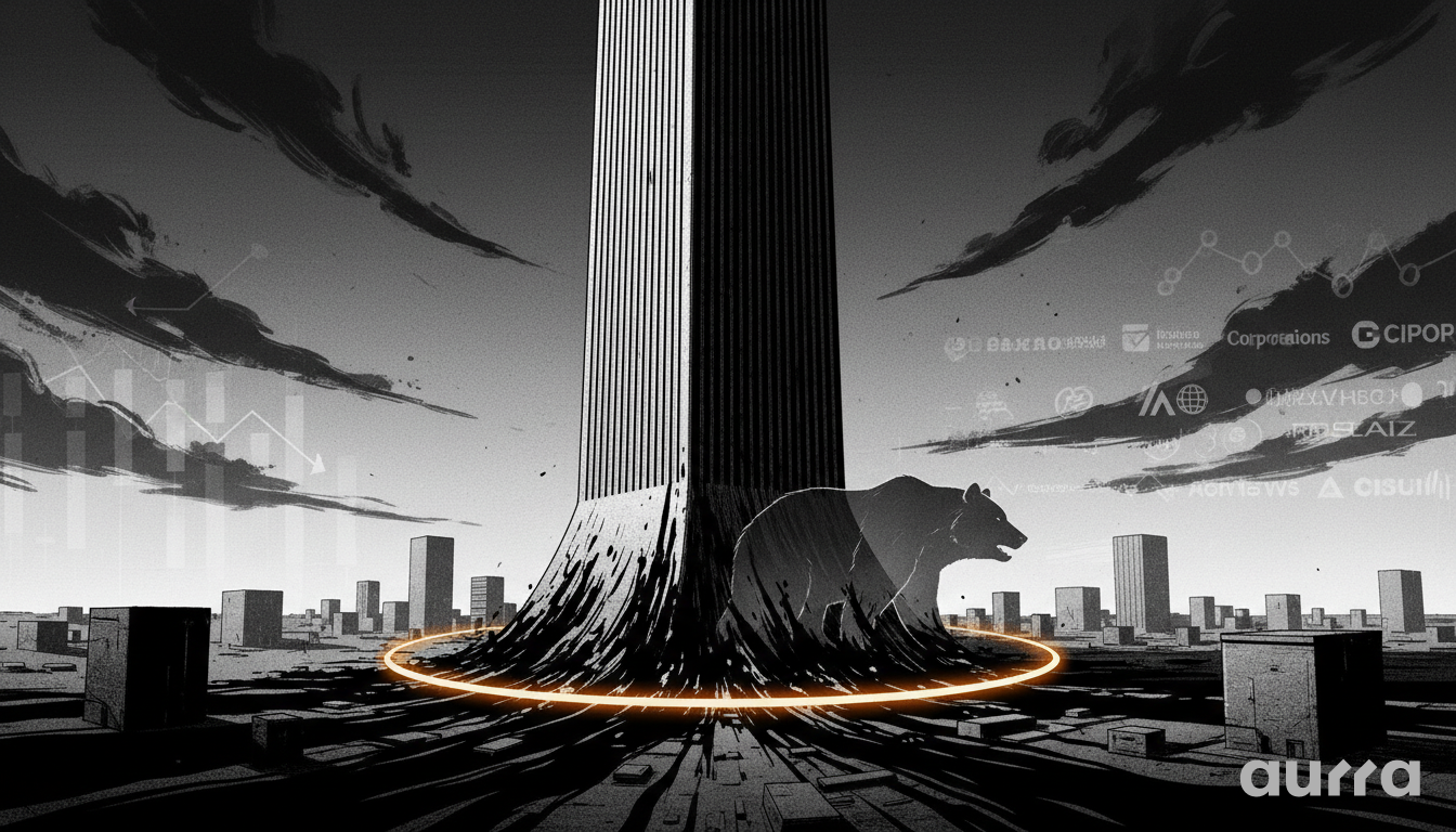 Illustration of a bear emerging from a pool of dark oil at the base of a towering skyscraper in a city.