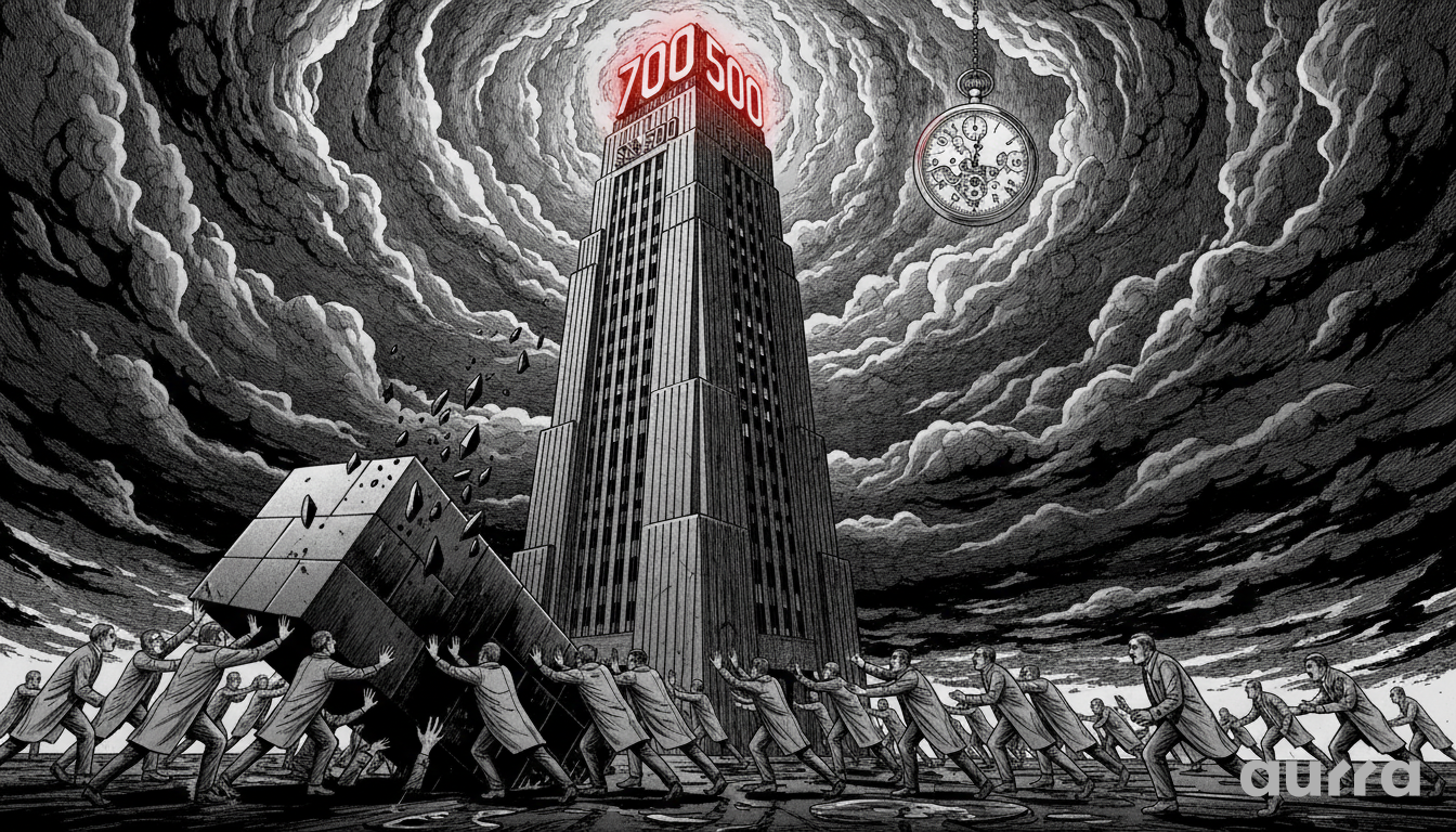 Noir-style illustration of a giant robot with a golden chest plate reading "S&P 500: NEW HIGH" and "DOW: NEW HIGH," standing resiliently amidst a storm, representing the market's underlying strength.