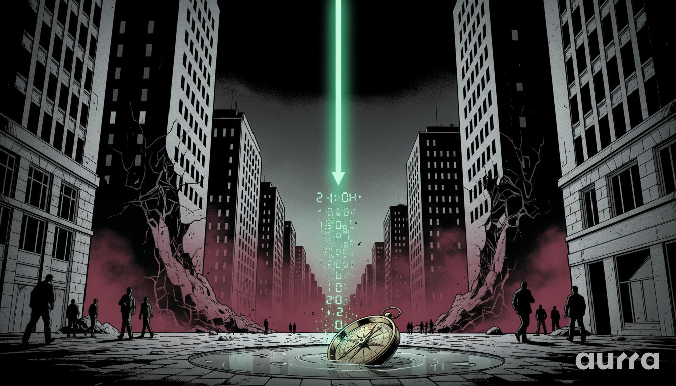 Dark noir illustration of a city with a downward digital arrow and compass, symbolizing the negative start for European stock markets.