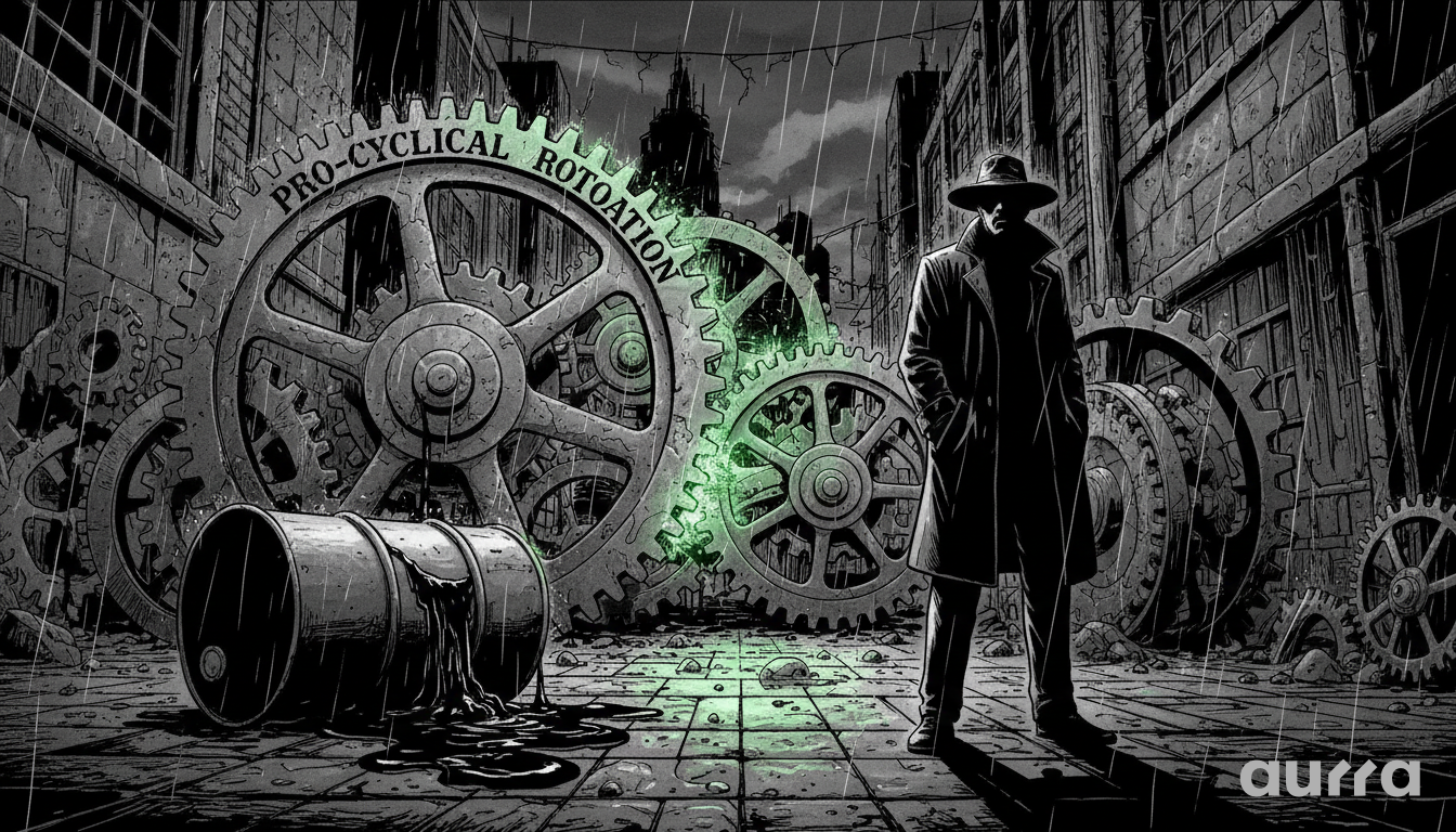 Noir illustration of a detective standing next to large gears labeled "PRO-CYCLICAL ROTATION" and a leaking oil barrel, symbolizing the stalled market shift and declining energy prices.