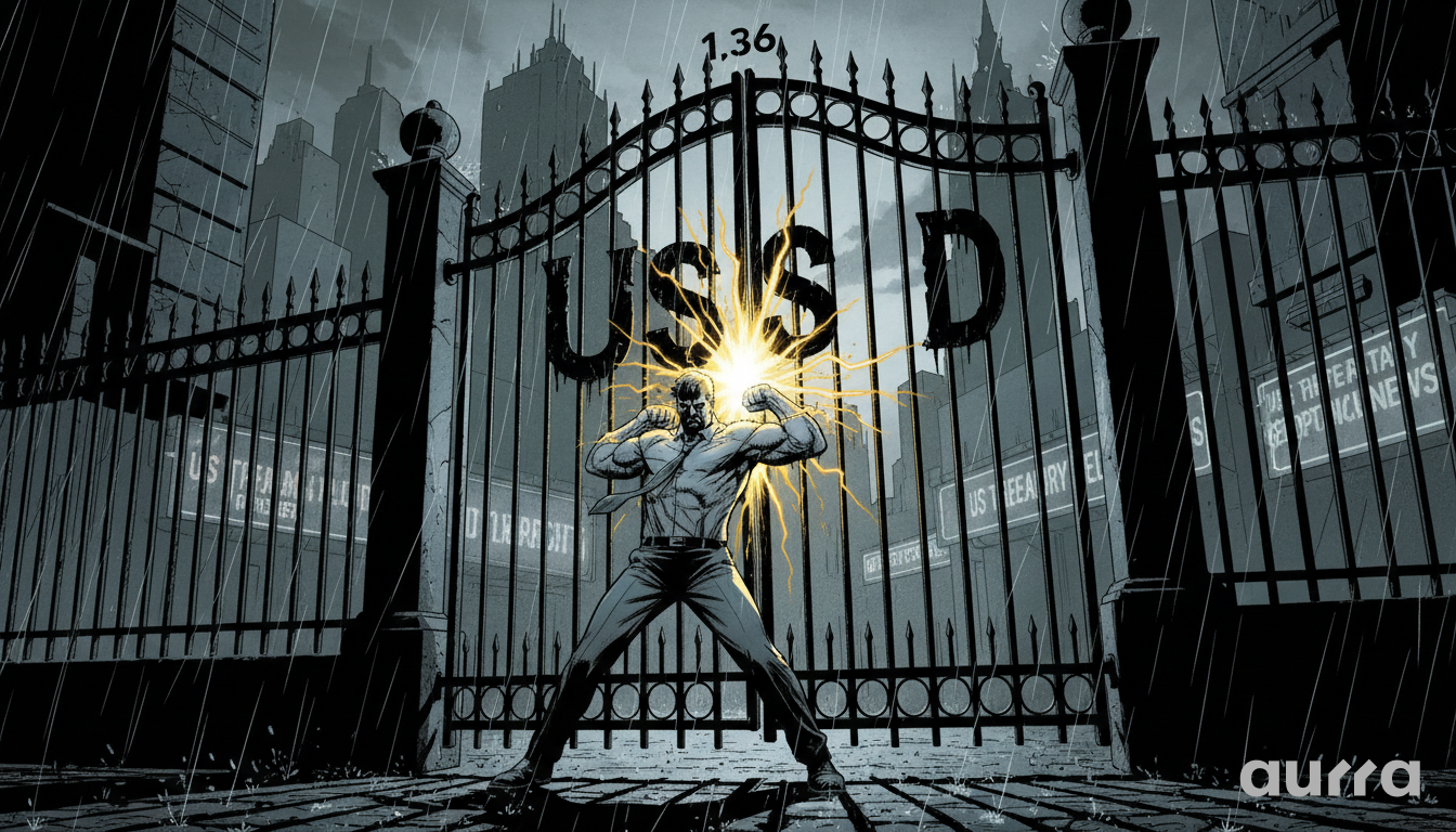 Illustration of a muscular man in a dress shirt and tie punching a large iron gate in the rain. The gate displays the large letters US D, and his glowing fist strikes between the S and D. The number 1.36 sits at the top of the gate, set against a dark city background.