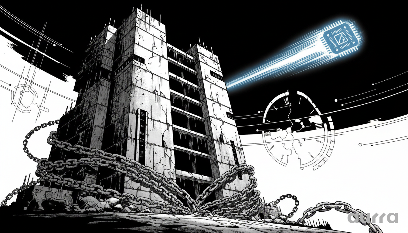Illustration of a decaying building chained to the ground next to a broken clock, as a glowing microchip flies away into the night sky.