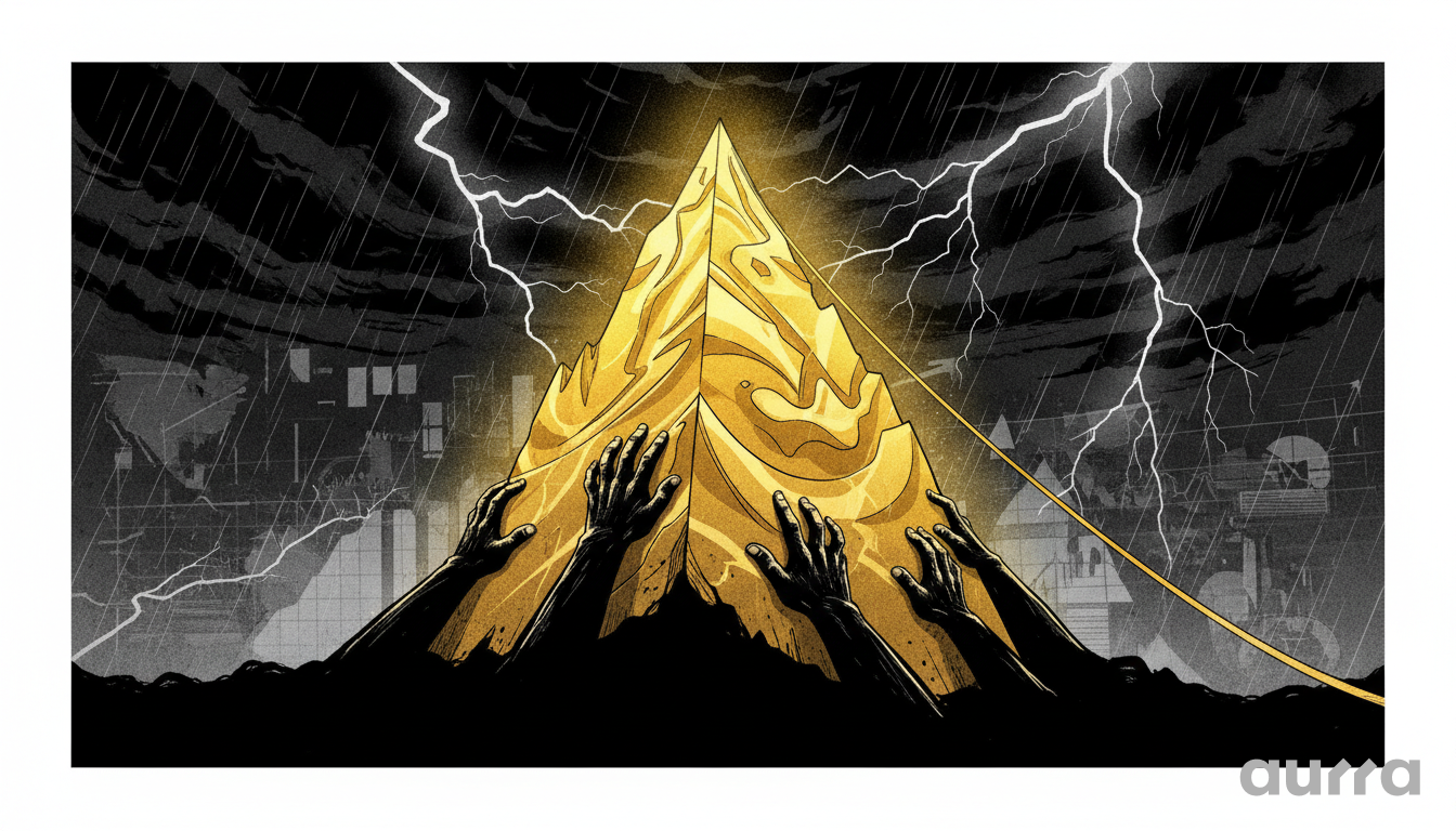 Noir illustration of multiple hands reaching up the sides of a glowing golden pyramid under a stormy sky, symbolizing the aggressive market rush for Gold at all-time highs.