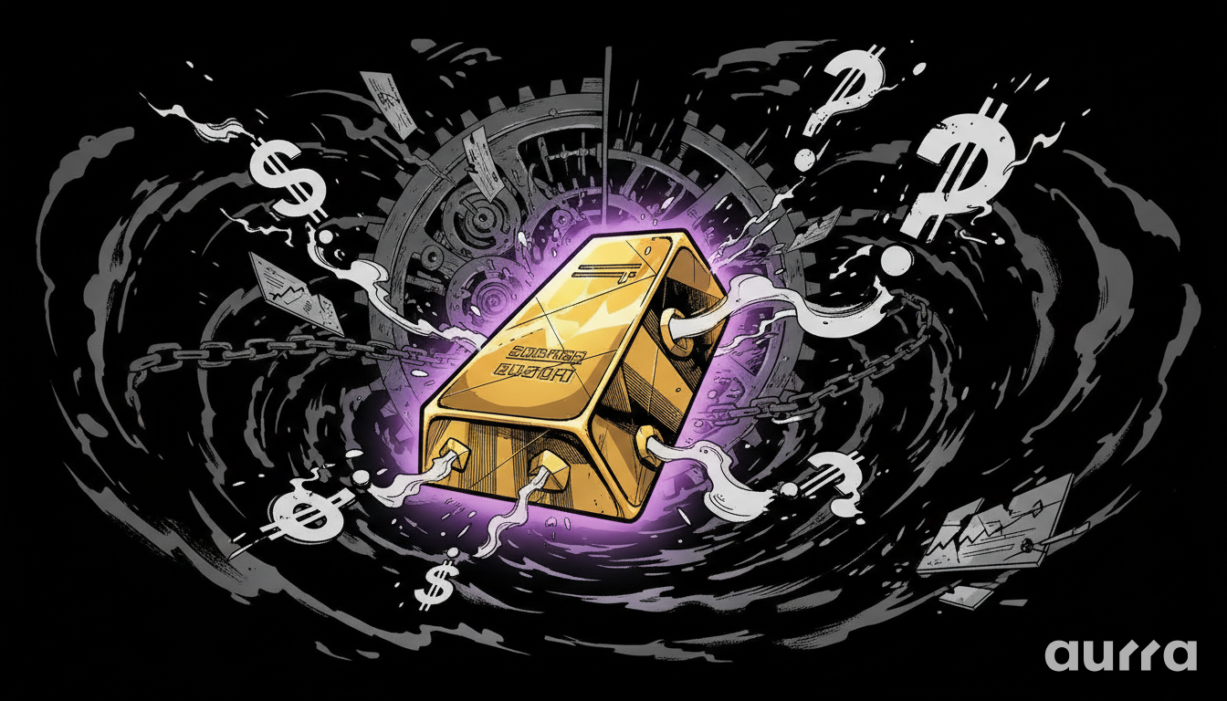 Comic-style illustration of a gold bar amidst a storm of dollar signs and question marks, representing economic uncertainty and price consolidation.