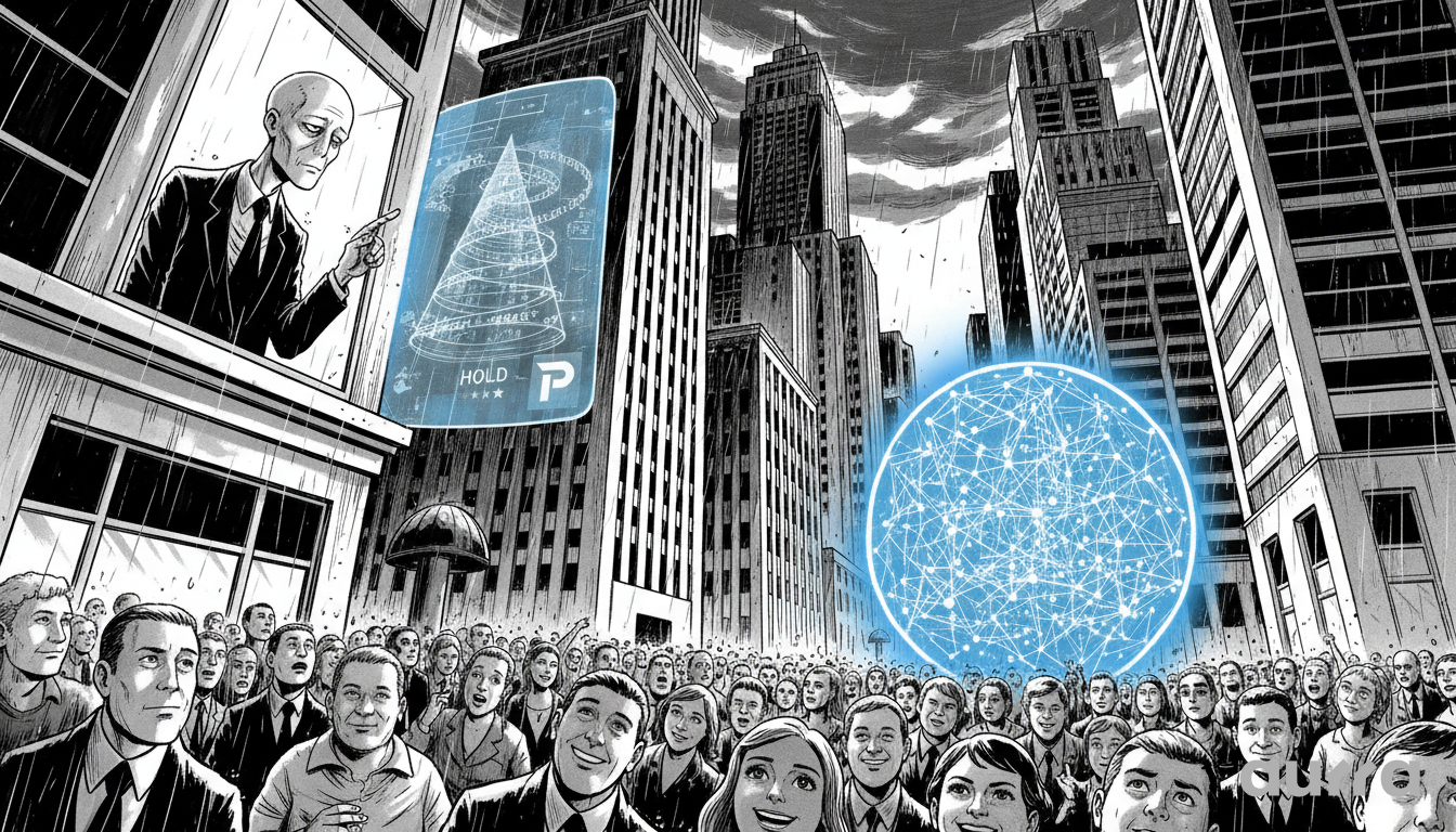 Noir-style illustration of a crowd of enthusiastic retail investors in a city looking up at a massive, glowing blue Palantir logo and a neural network sphere, representing the disconnect between professional analysts and the retail market.