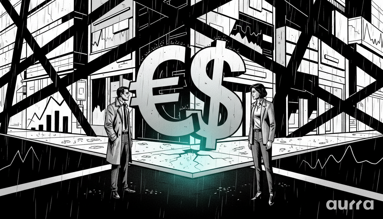 Noir-style illustration of a business man and woman standing on opposite sides of a giant combined Euro and Dollar symbol in a rainy city, representing the EUR/USD trading standoff.