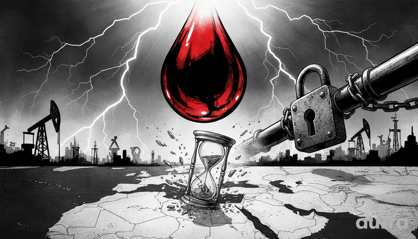 Illustration of a black cargo ship labeled STRAIT HORMUZ passing under a crumbling concrete bridge between rocky cliffs. Bright yellow liquid drips from the broken bridge onto the ship against a dark, stormy sky with faint mechanical gears in the background.