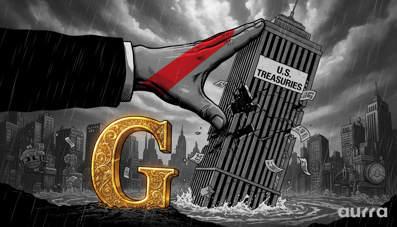 Noir-style illustration of a giant hand pushing over a crumbling skyscraper labeled "U.S. TREASURIES" while a massive, shining Golden "G" stands firm in the foreground, symbolizing the shift in global safe-haven preference.