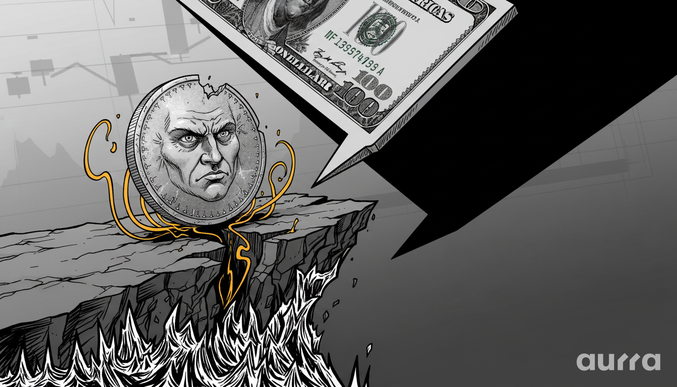 Illustration of a silver coin with a stern face teetering on the edge of a cracked cliff above jagged waves, under a giant shadow from a falling hundred-dollar bill.