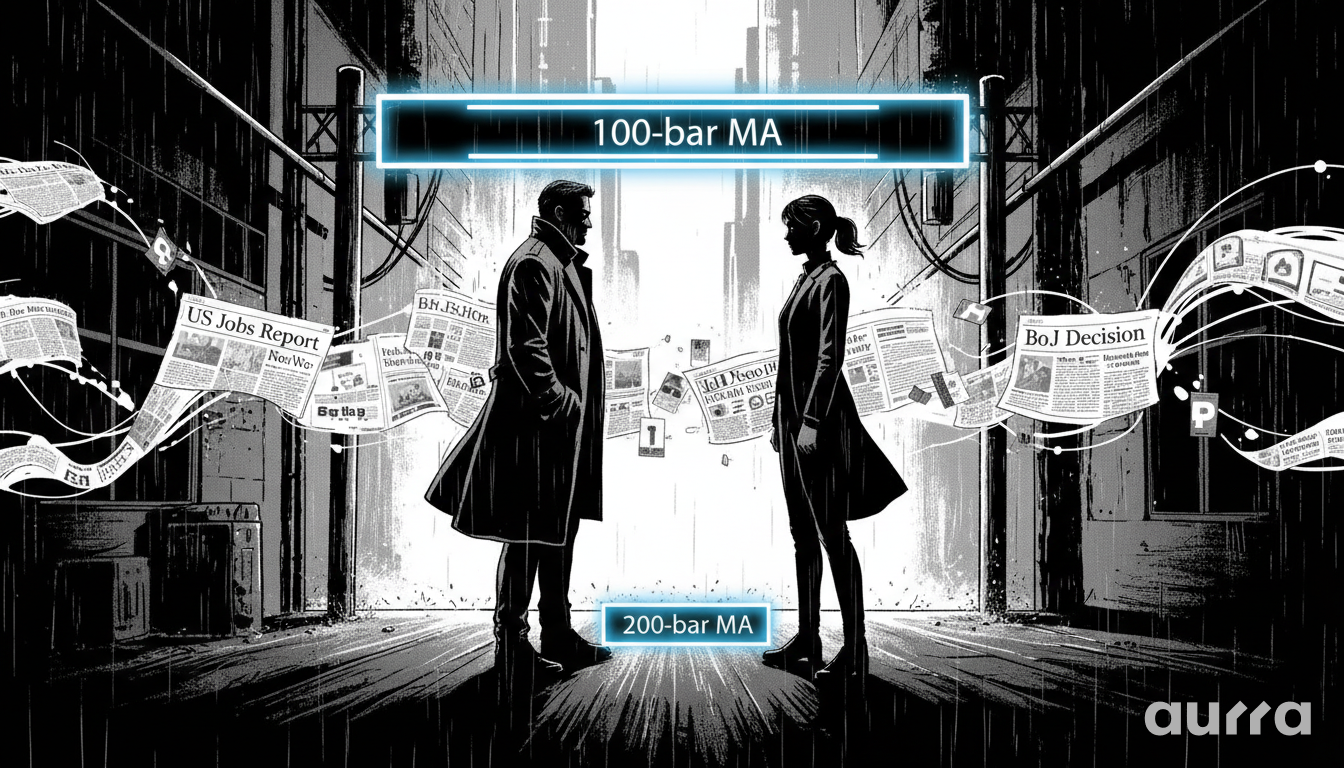 Noir illustration of two figures standing between glowing barriers labeled "100-bar MA" and "200-bar MA", surrounded by "US Jobs Report" and "BoJ Decision" newspapers.