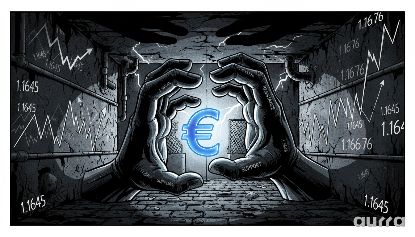 Illustration of two large hands compressing a glowing Euro symbol between walls marked with "1.1645" and "1.1676" charts, symbolizing the market squeeze.