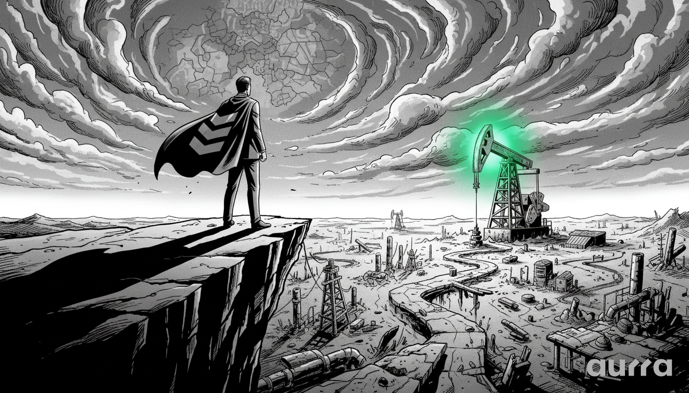 Noir-style illustration of a businessman with a cape overlooking a desolate, fractured landscape with a single glowing green oil rig, representing Chevron's challenging mission to revive Venezuela's energy sector.