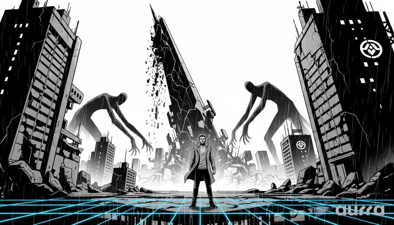 Noir illustration of a trader standing before collapsing digital skyscrapers and shadowy giants, symbolizing the Nasdaq 100 downturn and institutional selling pressure.