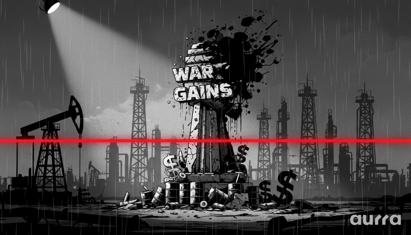 Illustration of a dark and rainy oil field with a spotlight shining on a crumbling stone monument reading WAR GAINS. The monument is surrounded by oil barrels and dollar signs with a bright red horizontal laser line cutting across the middle of the scene.