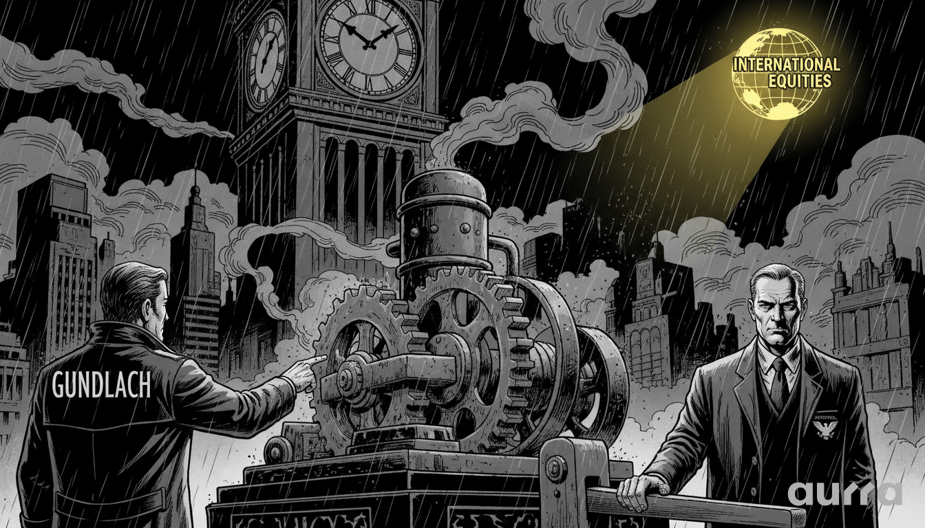 Noir-style illustration of Jeffrey Gundlach pointing at a frozen gear mechanism, while Jerome Powell stands stoically nearby under a spotlight labeled "INTERNATIONAL EQUITIES," symbolizing the predicted halt in rate cuts and the strategic shift to global markets.