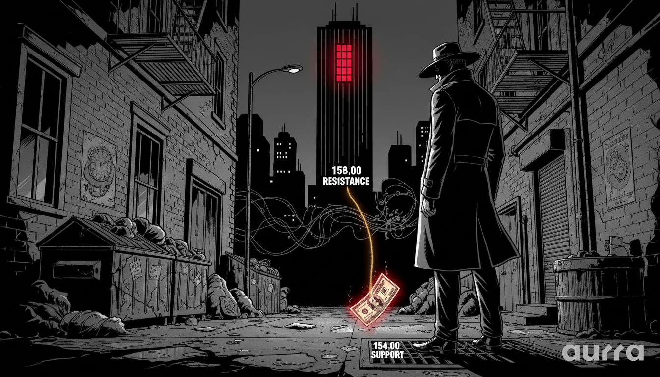 Man in a trench coat looking at a floating dollar bill marked with 158.00 Resistance and 154.00 Support in a dark alley.