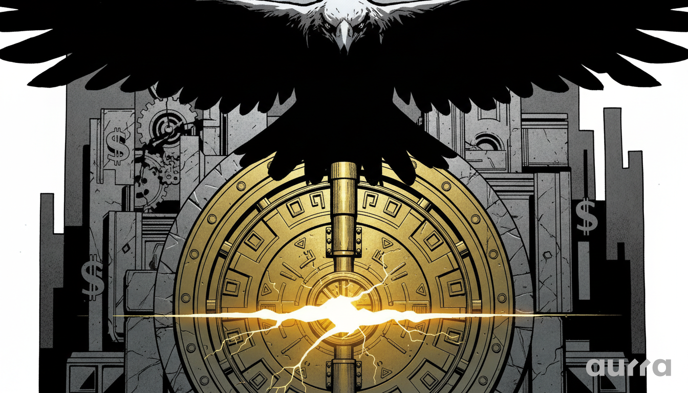 Illustration of a large black eagle looming over a massive golden bank vault door. A bright glowing horizontal crack splits the center of the vault. Gray stone gears and dollar signs are visible in the background.