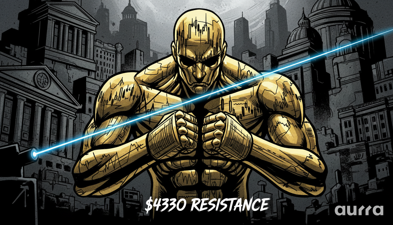 Illustration of a personified golden figure covered in financial charts, facing a blue laser barrier labeled "$4330 RESISTANCE"