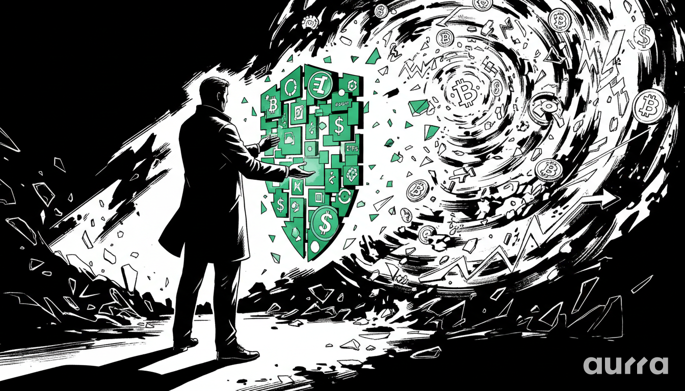 Noir illustration of a trader holding a glowing green digital shield composed of diverse asset icons, protecting against a chaotic vortex of Bitcoin volatility.