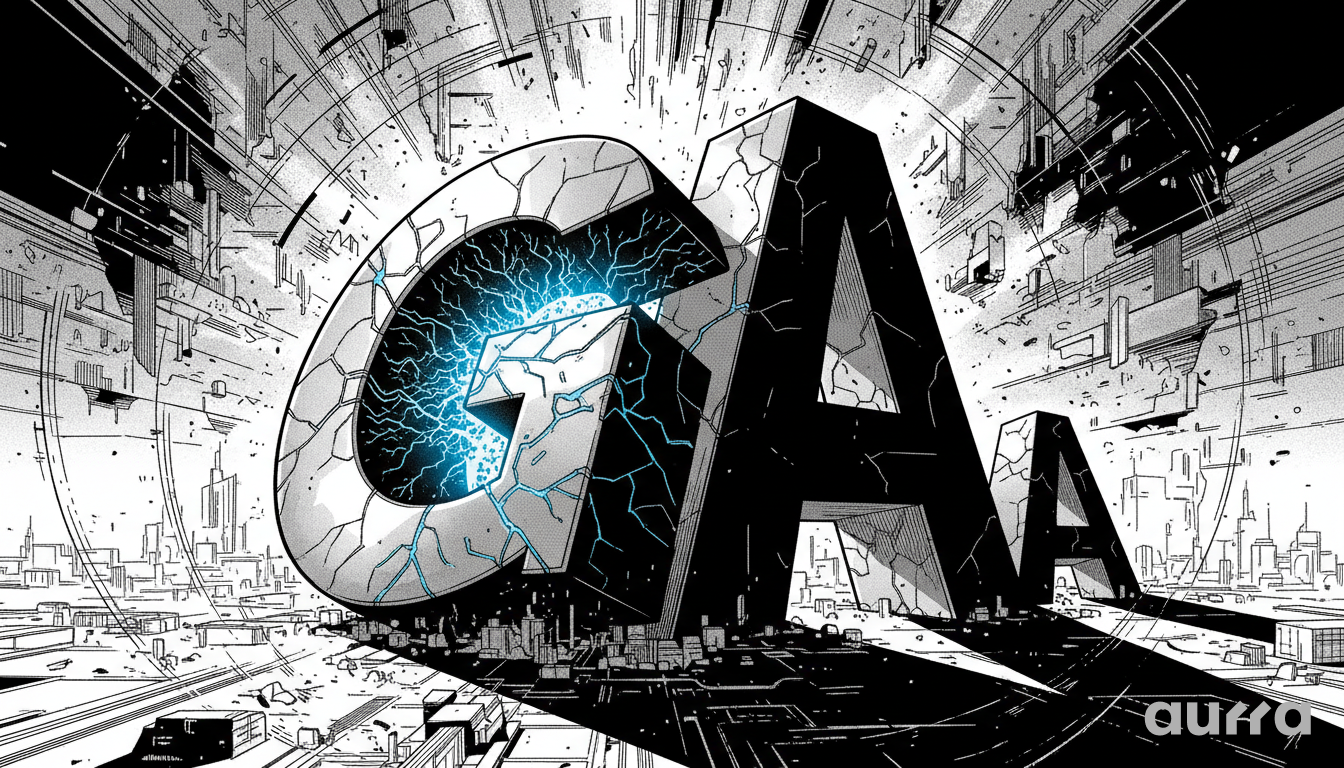 Noir-style illustration of a massive, glowing stone letter "G" representing Alphabet surging with blue energy, overshadowing a static letter "A" for Apple, symbolizing the market cap shift.