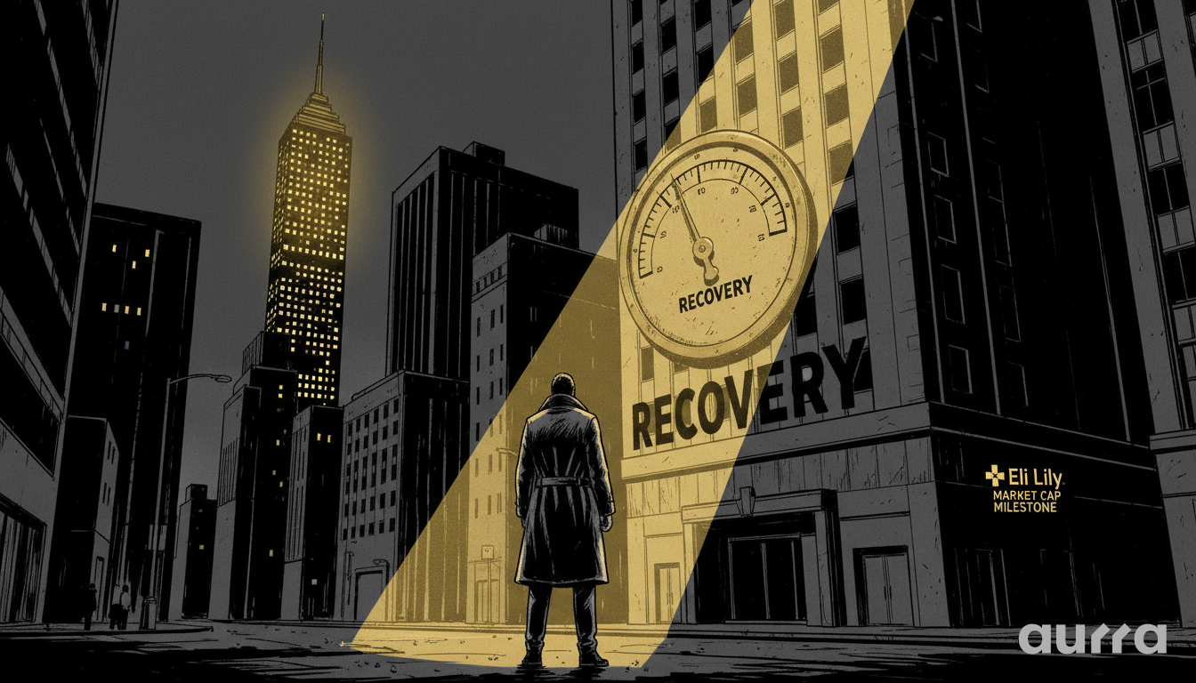 Illustration of an investor facing a city building with a large "RECOVERY" gauge and an illuminated "Eli Lilly Market Cap Milestone" sign.