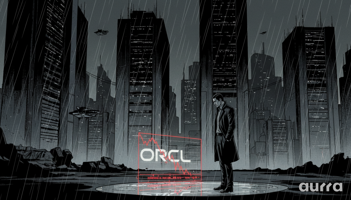 Noir illustration of a trader standing in the rain watching a red, falling holographic chart labeled "ORCL", symbolizing the drop in Oracle stock.