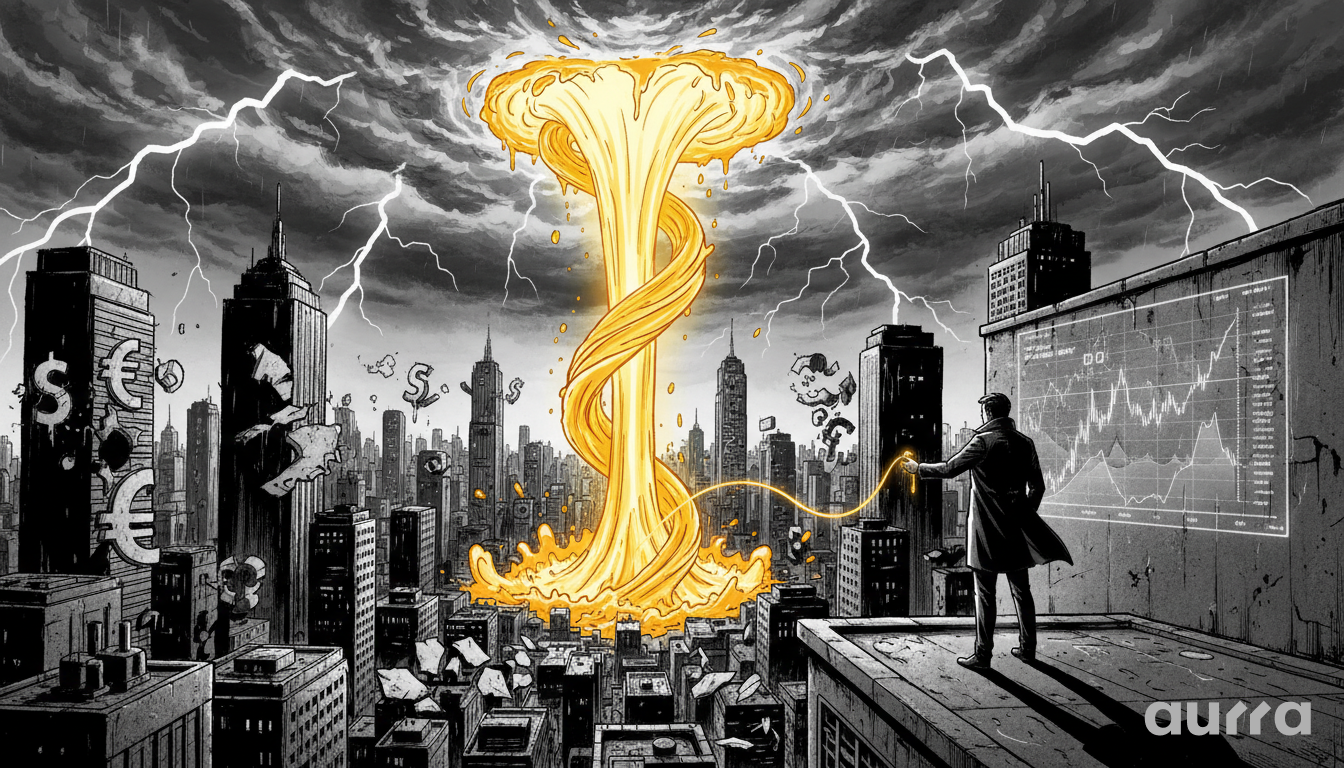 Noir-style illustration of a massive, swirling tornado of liquid gold tearing through a dark city skyline, symbolizing the powerful and volatile surge of XAU/USD to record highs.