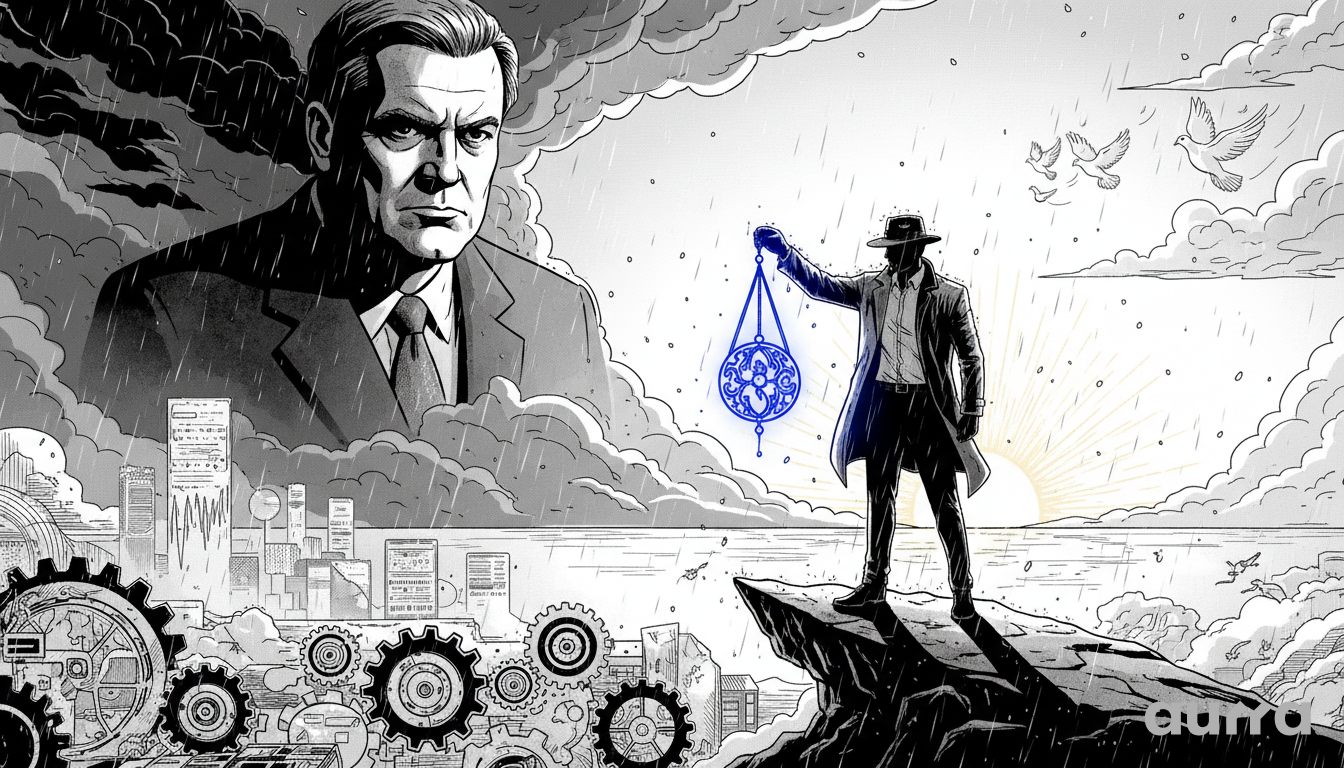 Noir-style illustration contrasting conflict and diplomacy. On the left, a giant stern face of a man in a suit looks over a rainy city and gears. On the right, a detective on a cliff holds up a glowing blue artifact towards a rising sun with flying doves, symbolizing the balance between political pressure and peace hopes impacting Asia-Pacific markets.