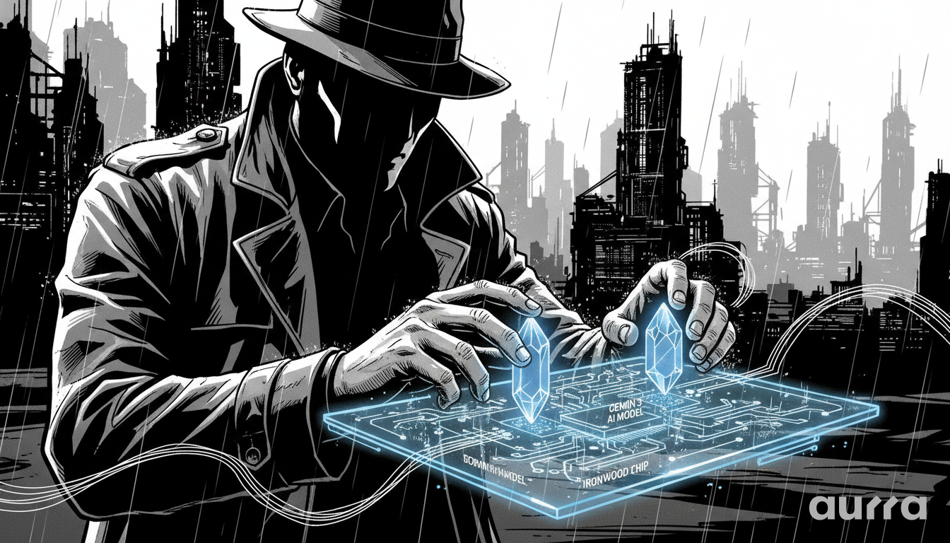 Man in a trench coat and fedora holding glowing crystals over a schematic of the 'Ironwood AI Chip' in a rainy, futuristic city.