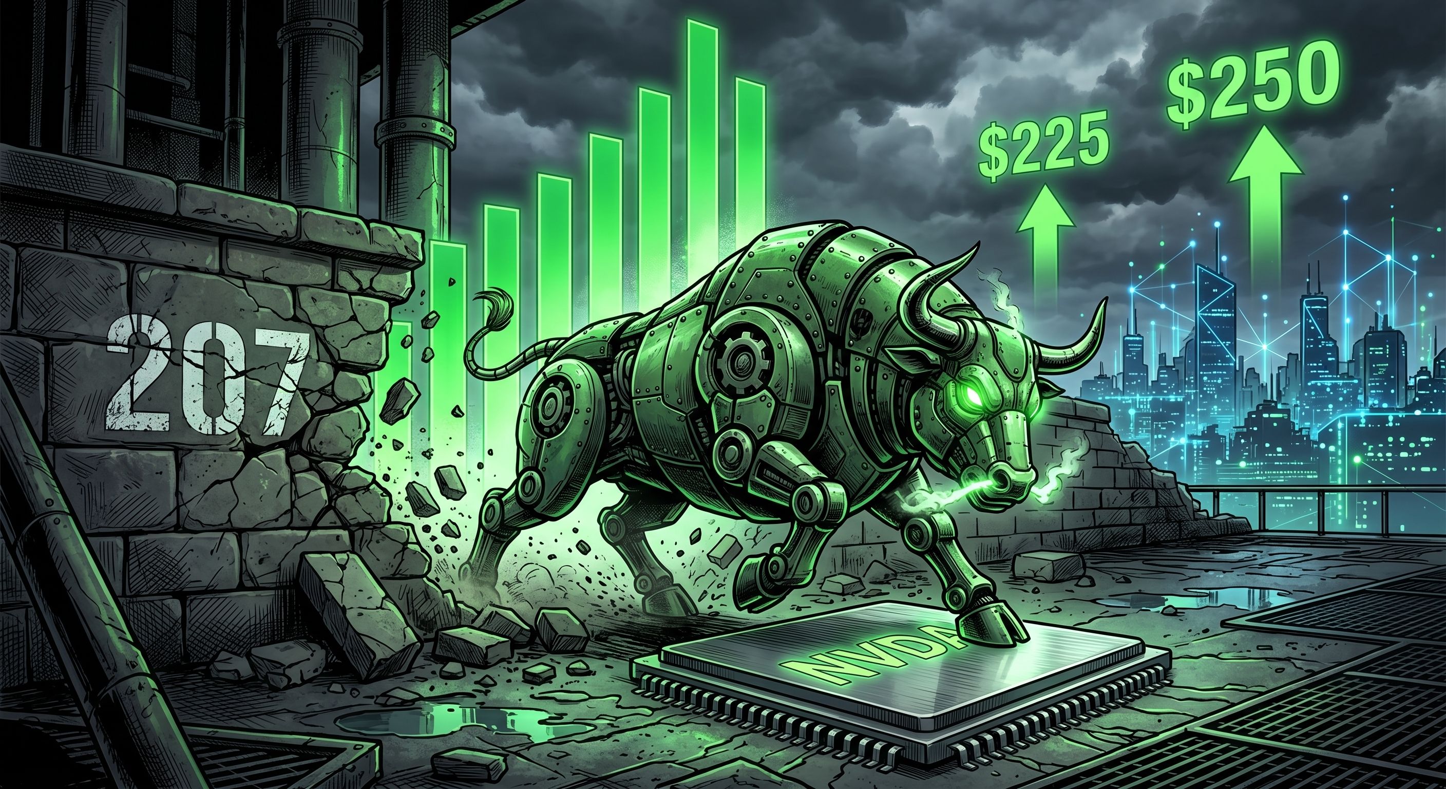 An illustration of a massive, charging green mechanical bull with glowing eyes, standing atop a futuristic microchip labeled NVDA. The bull has just smashed through a crumbling stone wall with the number 207 painted on it, symbolizing broken resistance. Behind the bull, heavy, tall trading volume bar graphs rise, leading towards a digital city skyline in the distance where glowing numbers $225 and $250 hang in the air under upward green arrows. The entire scene is set against a dark industrial environment under a dramatic, cloudy sky, rendered in a detailed comic book style with contrasting green light.