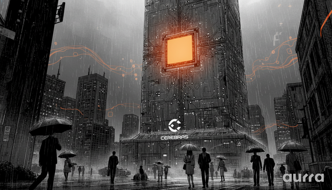 Noir-style illustration of a massive glowing AI microchip towering over a Wall Street exchange building, representing the Cerebras Systems tech stock IPO.