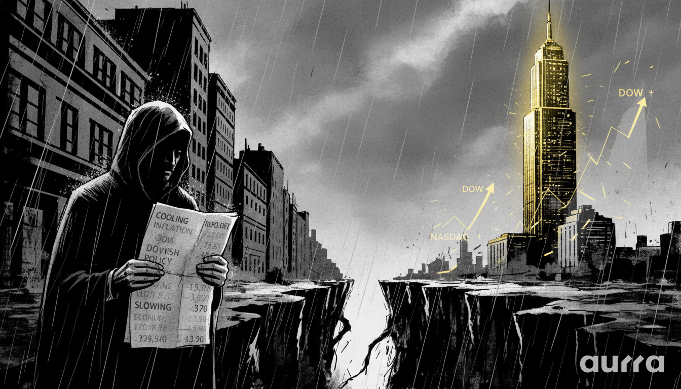Noir-style illustration of a mysterious figure standing in the rain reading a newspaper with headlines "COOLING INFLATION" and "DOW/NASDAQ", symbolizing the market's reaction to the latest economic data.