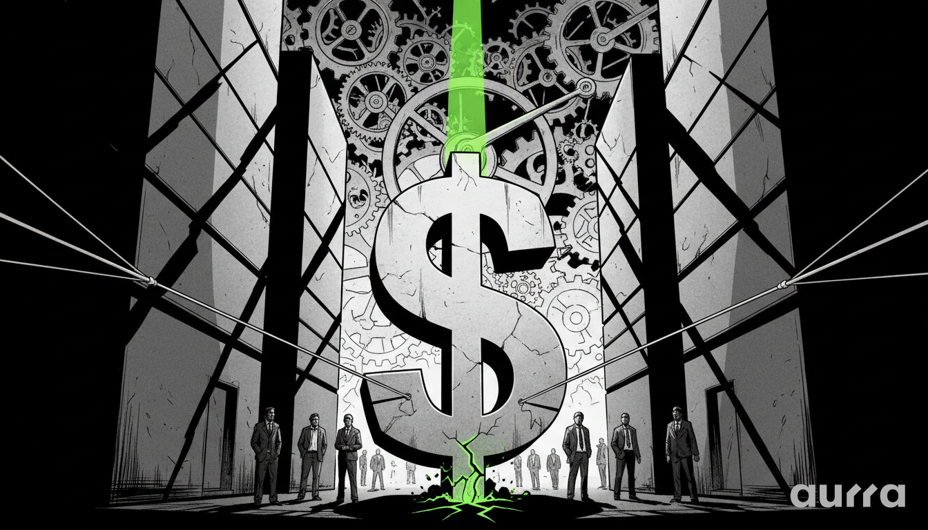 Noir-style illustration of a massive stone Dollar symbol cracking at the base with green light seeping through, backed by grinding industrial gears, representing the building pressure for a USD breakout.