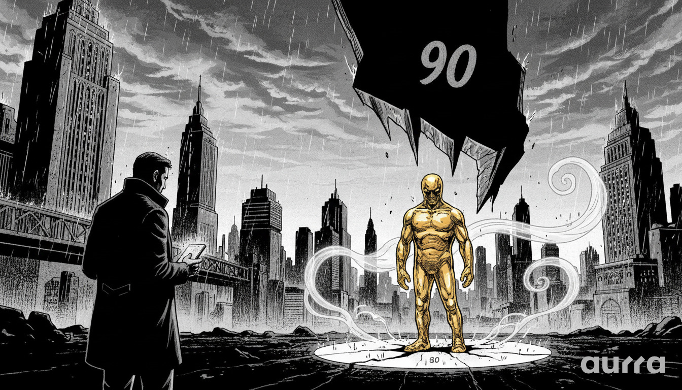 Illustration of an investor observing a silver figure standing on an 80 support platform as a heavy 90 resistance ceiling falls in a dark city.
