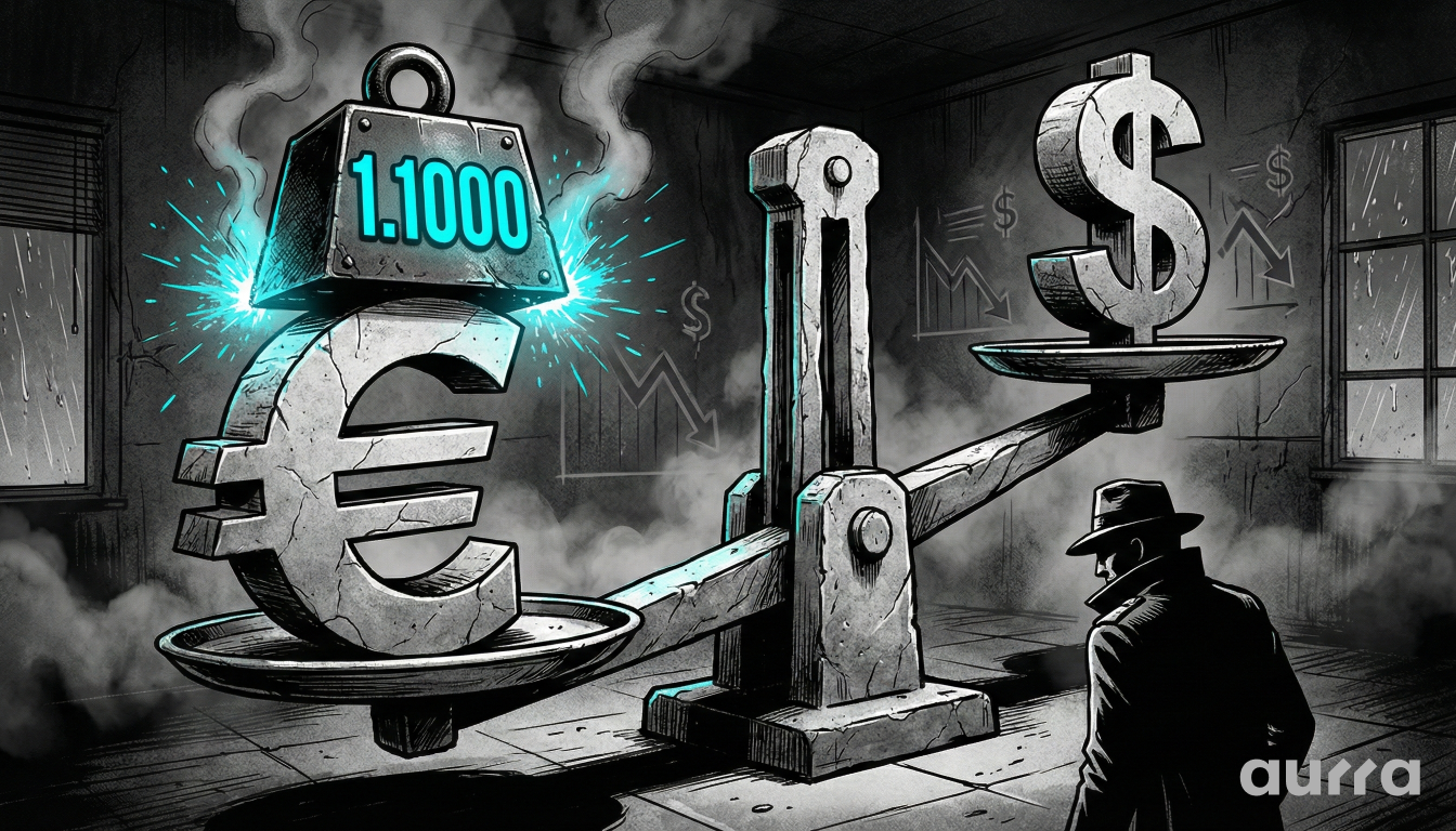 Noir-style illustration of a large stone euro symbol and a dollar symbol balanced precariously on a scale, with a heavy weight labeled "1.1000" pressing down on the Euro side.