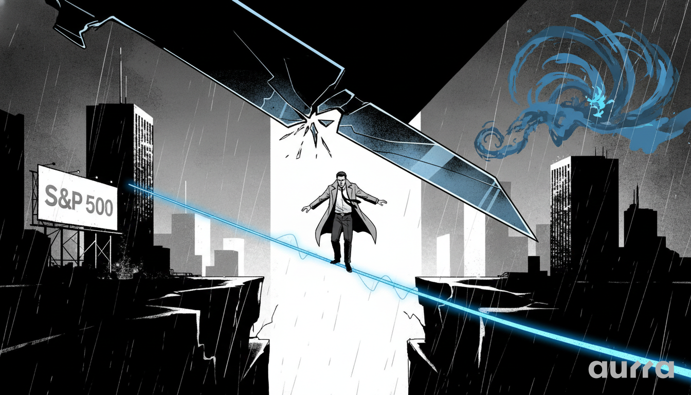 Illustration of an investor in a trench coat balancing on a glowing blue trend line over a deep chasm. A giant broken blade hangs dangerously above him in the rainy sky, with an S&P 500 billboard visible in the dark city background.