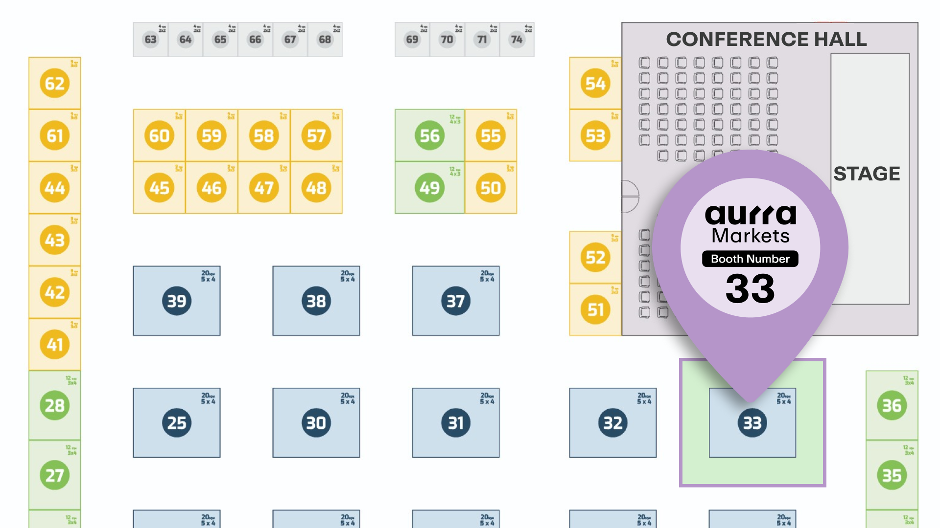 A highlighted pin marks Aurra Markets – Booth Number 33