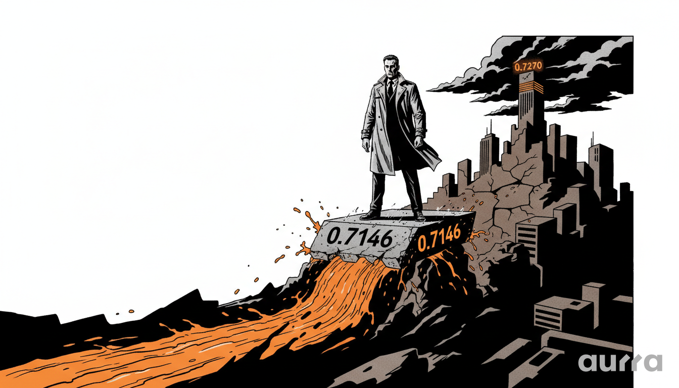 Illustration of an investor standing on a concrete block labeled 0.7146, looking toward a dark city skyline with a tower marked 0.7270.