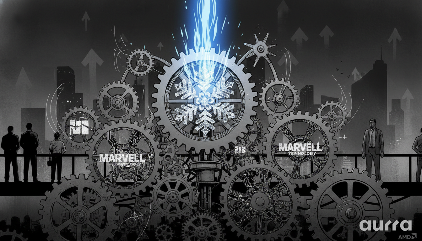 Noir-style illustration of a complex gear system against a city skyline with upward arrows. The largest central gear features a detailed snowflake symbol erupting with brilliant blue energy, flanked by smaller gears labeled MARVELL TECHNOLOGY as observers look on