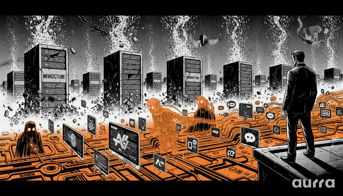 Noir-style illustration of a businessman watching massive server racks labeled "INFRASTRUCTURE" dissolve into a stream of glowing orange app icons and digital avatars, symbolizing the market shift toward AI applications.