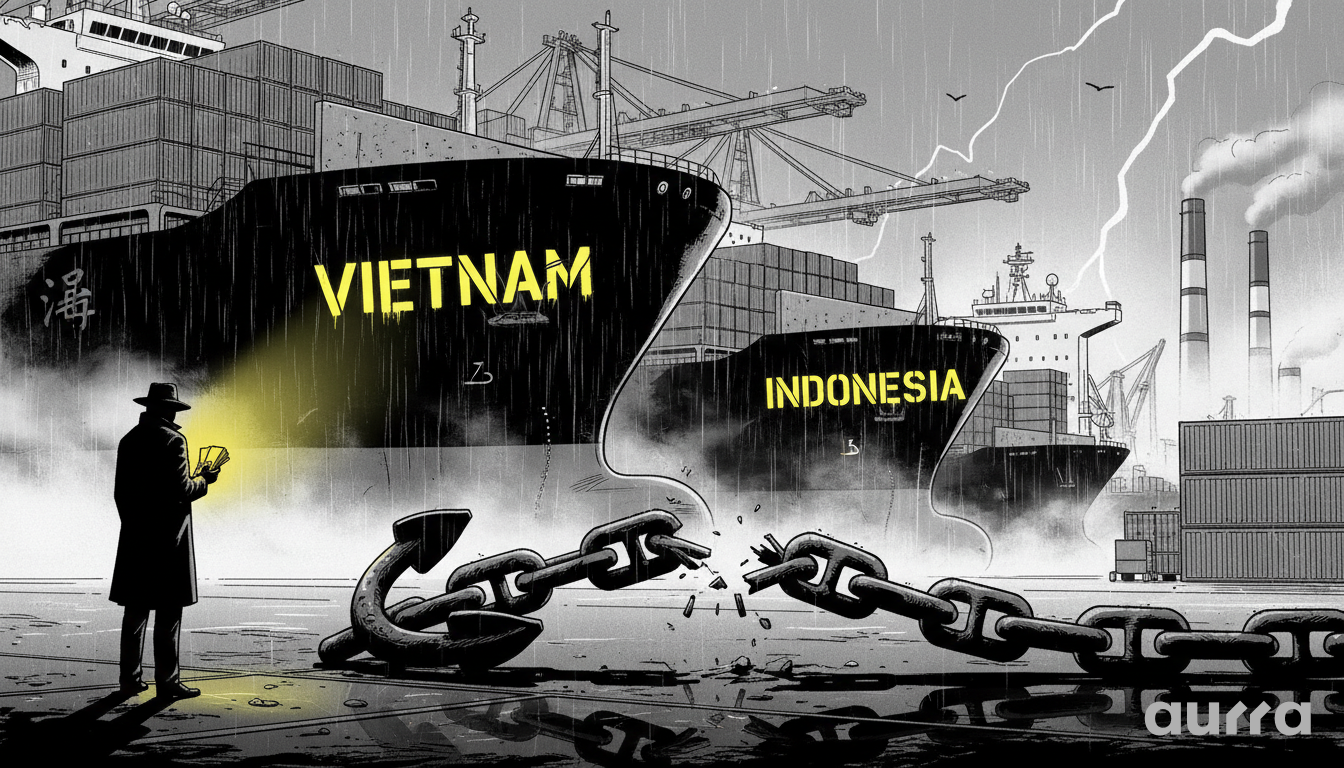 Noir illustration of cargo ships labeled "VIETNAM" and "INDONESIA" breaking a massive chain, symbolizing the supply chain decoupling from China.