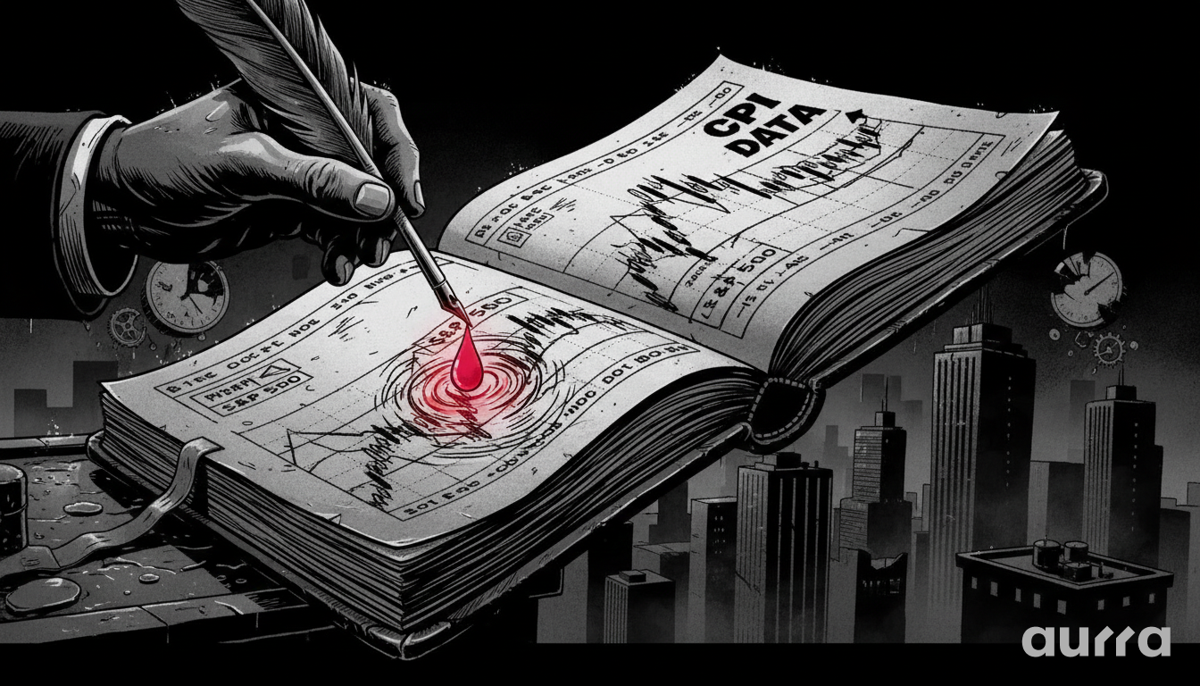 Noir-style illustration of a hand writing in a ledger labeled "CPI DATA," where a single drop of red ink hits a stock chart and creates a massive ripple effect, symbolizing the market volatility expected from the inflation report.